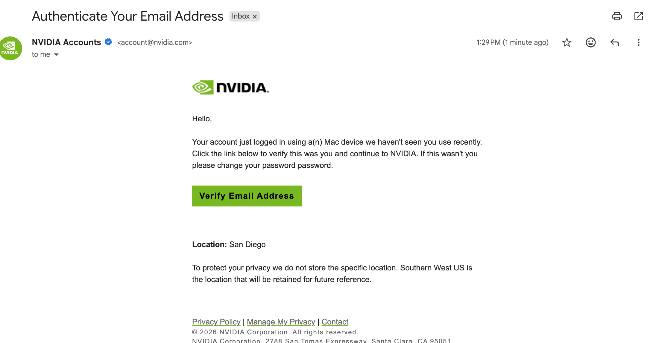 Successful NVIDIA account screen