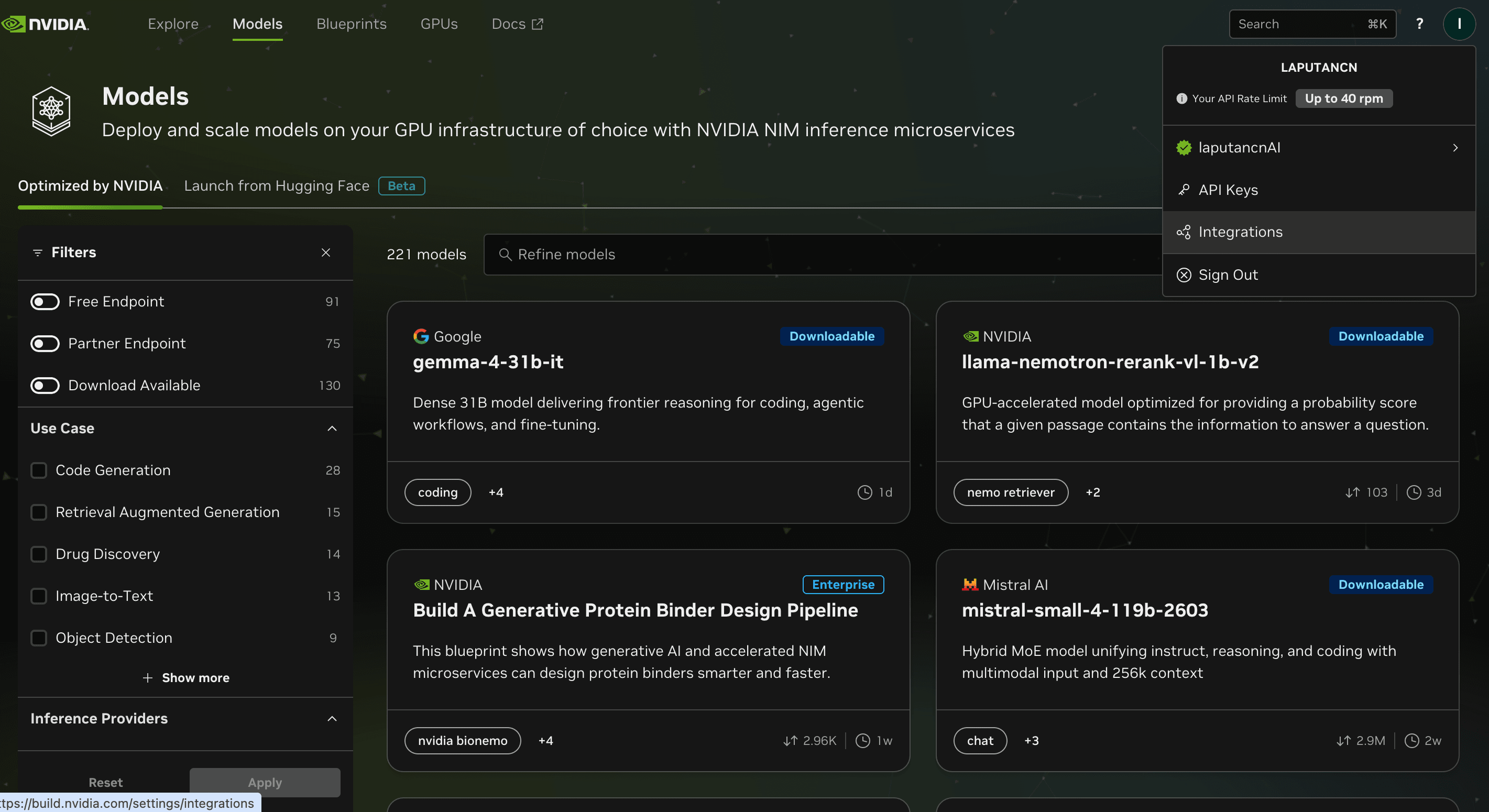 API Keys page with Generate API Key button