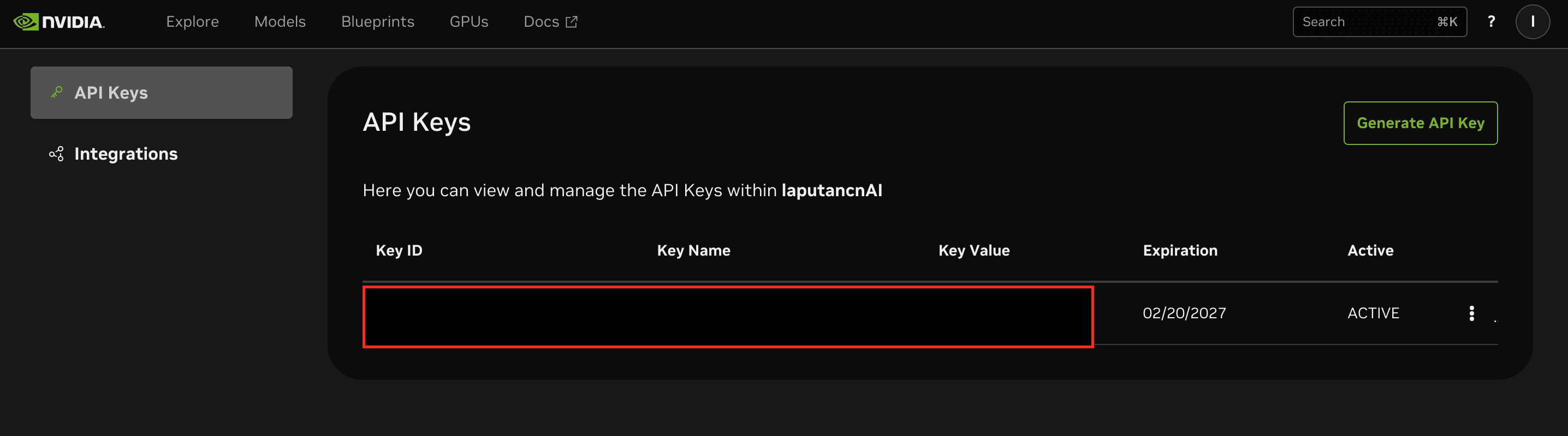 Generate API key form with key name and Never Expire option